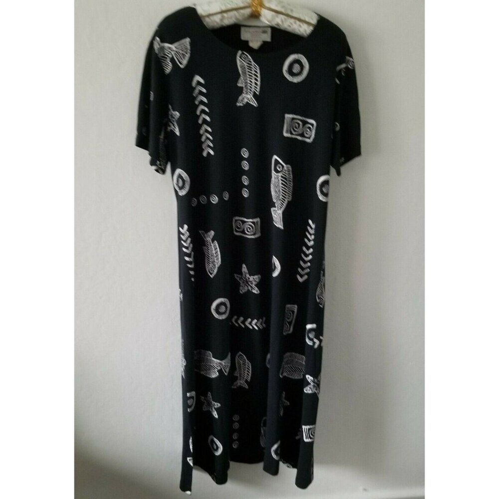 Studio G Genuine Short Sleeve Maxi Dress Black White Fish Print Casual Slits